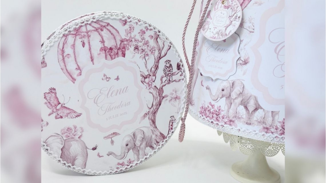 Trusou botez cu animale din jungla si flori exotice roz Toile de Jouy 20